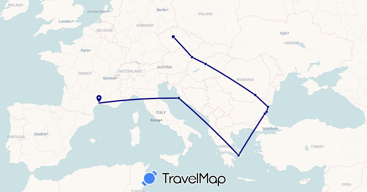 TravelMap itinerary: driving in Bulgaria, Czech Republic, France, Greece, Croatia, Hungary, Romania, Slovakia (Europe)